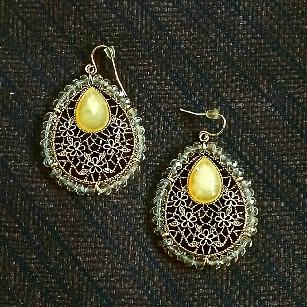 Gold-Tone and Yellow Filigree Drop Earrings